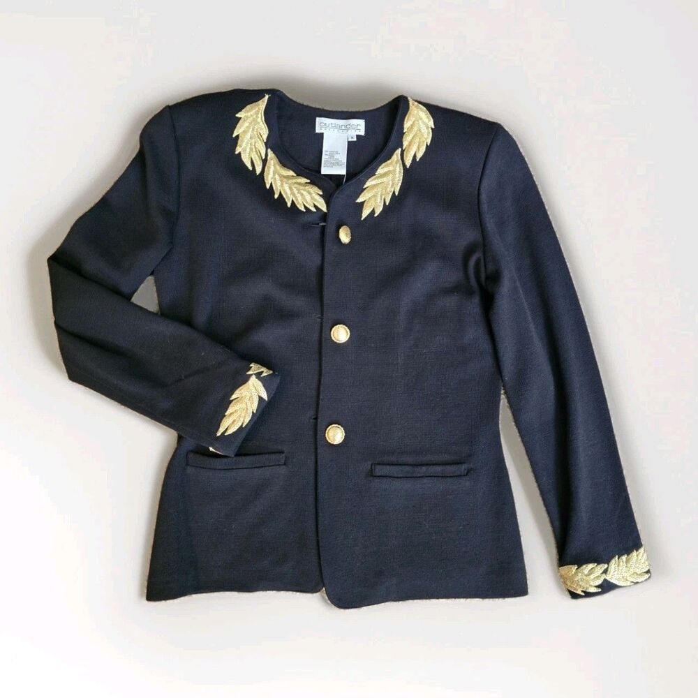 NEW Vintage Outlander Black Gold Sequin Leaf Sweater Jacket M Wool Blend Regal
